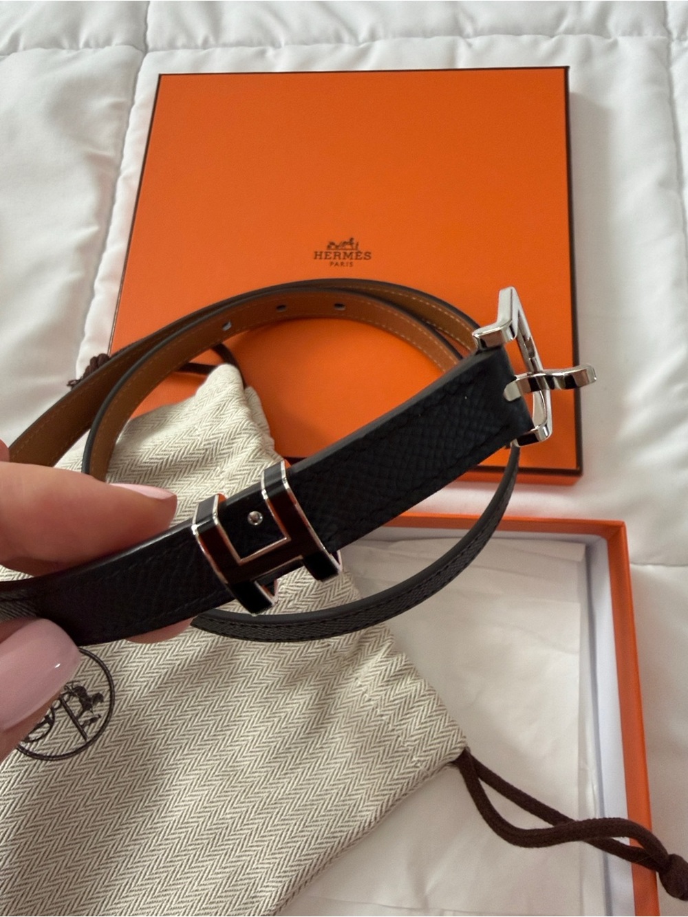 Hermes Black Reversible Leather Belt with Silver Buckle